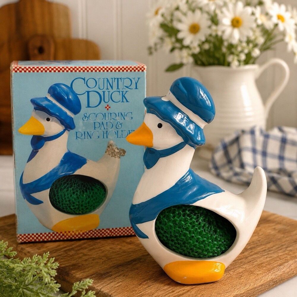 Vintage Country Duck Goose Scouring Pad Sponge Holder Ceramic w/ Box Taiwan